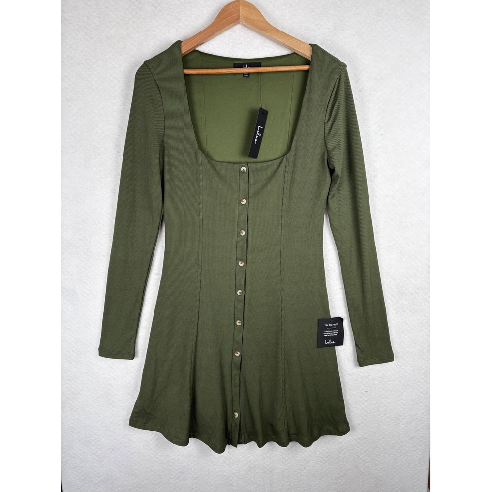 NWT Lulus Dress Size M Green Ribbed Button Front Long Sleeve Square Neck Mini
